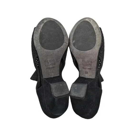 Eileen Fisher Wink Black Knit Open Toe Heels Size 6.5 Stretch Mesh Black Suede - Picture 4 of 9